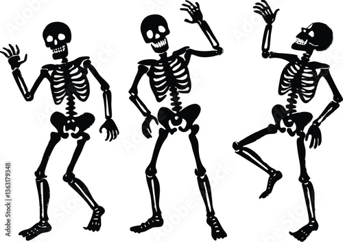 Skeletons dancing with different positions flat style design vector illustration set. Funny dancing Halloween or Day of the dead skeletons collection. Creepy, scary human bones characters silhouettes.