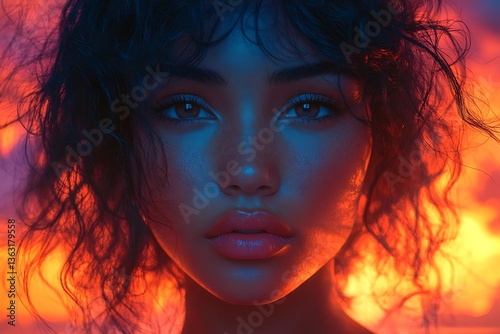 Womans face with fiery backdrop.