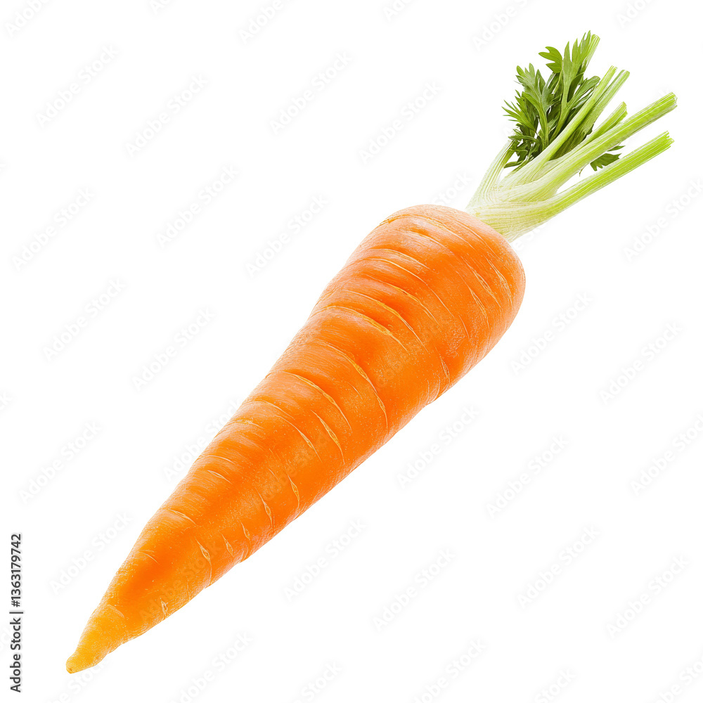 Freshly harvested carrot with vibrant green tops showcasing natural colors and textures
