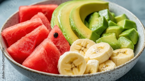 Bowl with avocado banana and watermelon	