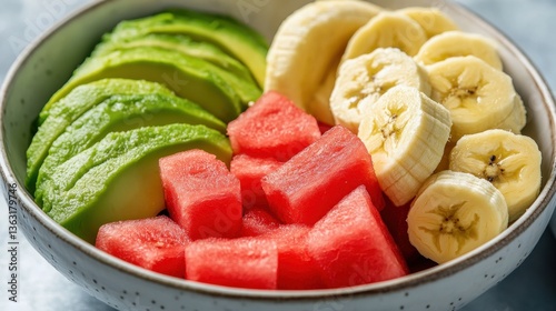 Bowl with avocado banana and watermelon	