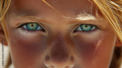 A close-up portrait of a child with striking blue eyes and sun-kissed skin, exuding innocence and curiosity.