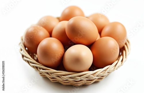 Wallpaper Mural Pile of fresh chicken eggs in woven wicker basket on white backdrop. Organic farm product for breakfast. Eggs isolated, close-up shot, food and nutrition theme. Torontodigital.ca