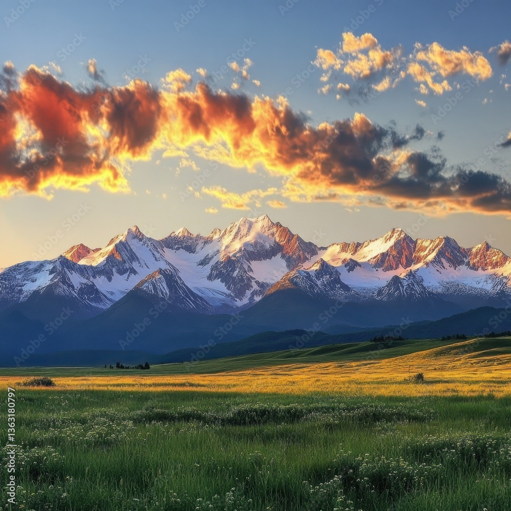 The golden light of the setting sun shines on the tall snowy mountains. It is shining, the sky is shining with colorful glow, very spectacular. Golden clouds drifted by The golden light of the setting sun shines on the tall snowy mountains. It is shining, the sky is shining with colorful glow, very spectacular. Golden clouds drifted by
