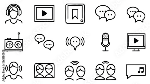 Flat Line Icons Representing Various Media and Communication Tools