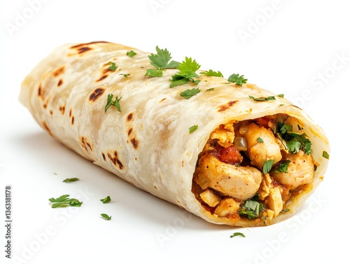 Chicken Burrito with Cilantro on White Background a Savory Delight