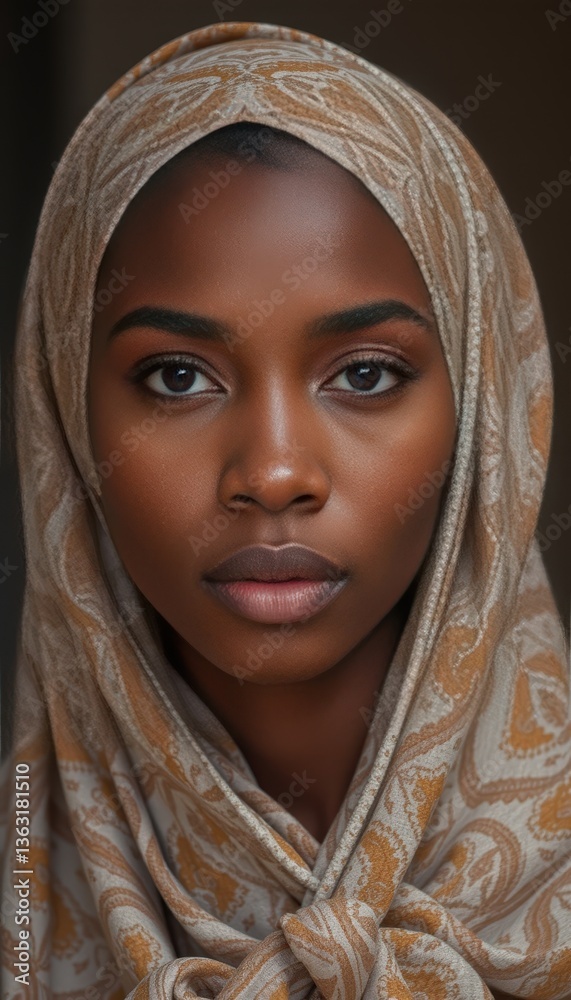 Portrait of a woman with a headscarf showing confidence and beauty  