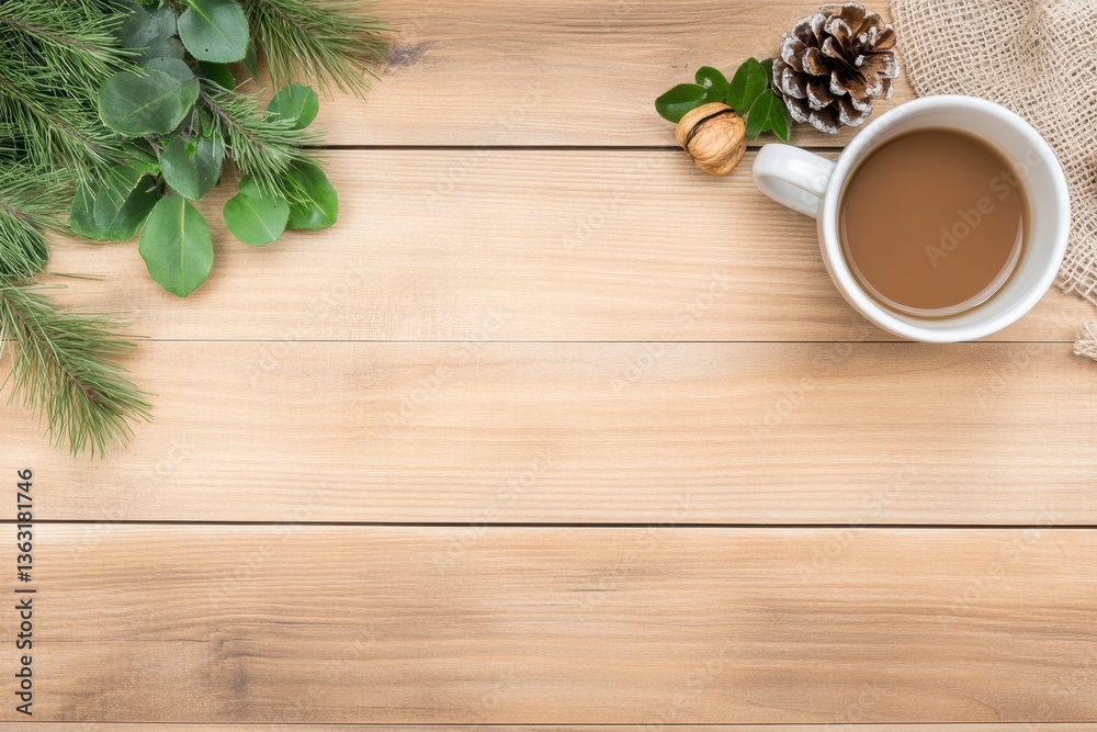 Overhead shot of a coffee mug on a light brown wooden table with green foliage and pine cones. Rustic and cozy