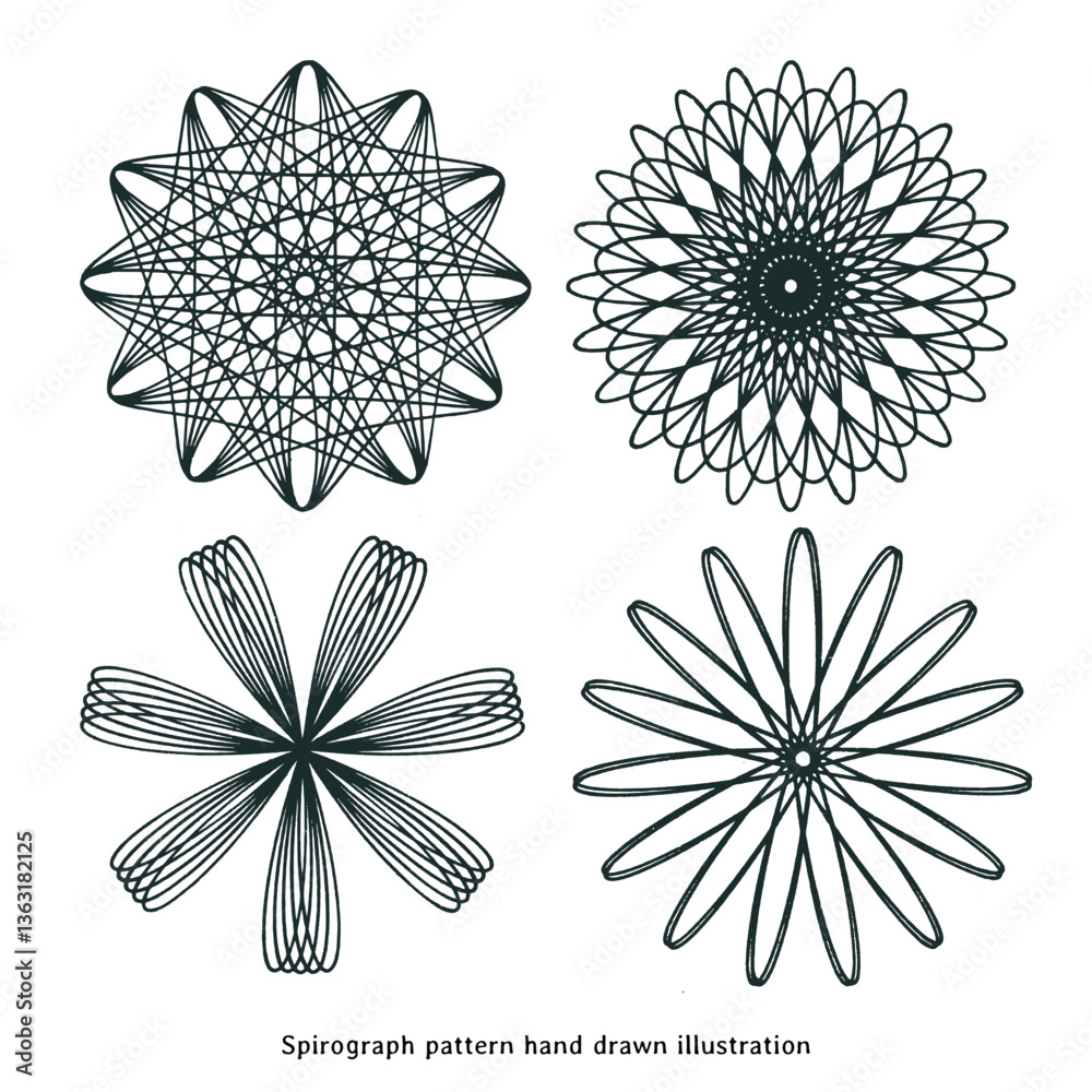 Obraz premium Spirograph pattern illustration. Vintage spirograph hand drawn illustration. Set of spirograph pattern illustration