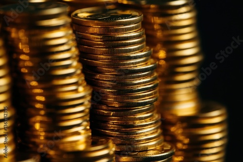 Closeup of stacked golden coins	