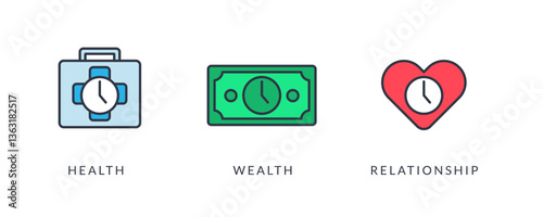 Health wealth and relationship signs with timer in it. Vector Illustration