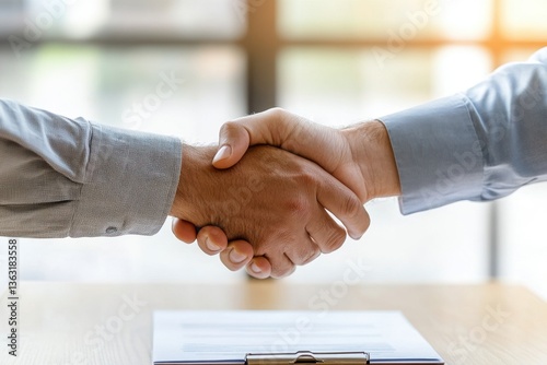 Business handshake over office desk	