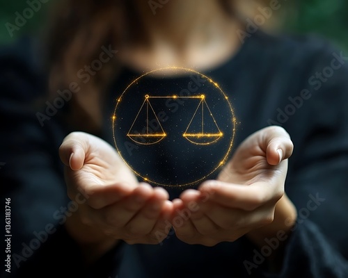 Womans hands holding justice scales.