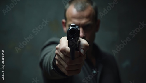 Man points handgun barrel forward. Threat, danger concept in dark background. Close-up of weapon. Criminal act or self-defense. Gun control theme, violence illustration.