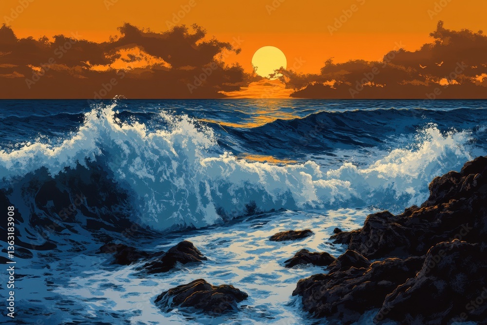 Obraz premium Ocean waves crashing at rocky coast 