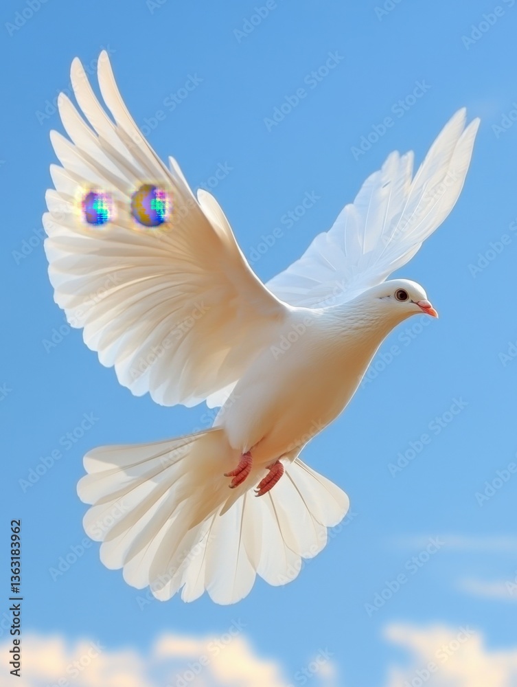 Obraz premium Majestic White Dove Soaring Freely Against a Serene Blue Sky Symbolizing Peace Hope and Spiritual Elevation Capturing the Essence of Tranquility and Grace