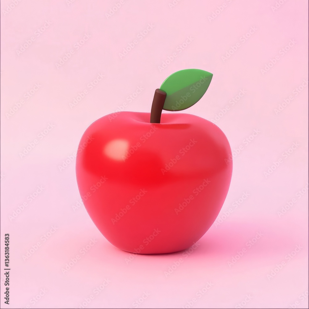 Obraz premium Artificial red apple with green leaf on pastel pink background, symbolizing health, simplicity, education