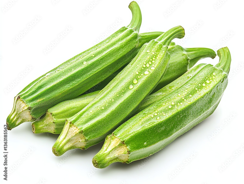 Fresh Okra Pods Pile with Water Droplets on White Background Fresh Okra Pods Pile with Water Droplets on White Background