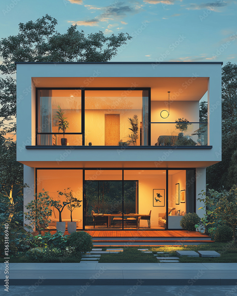 Modern minimalist house exterior at sunset with large glass windows – architectural rendering