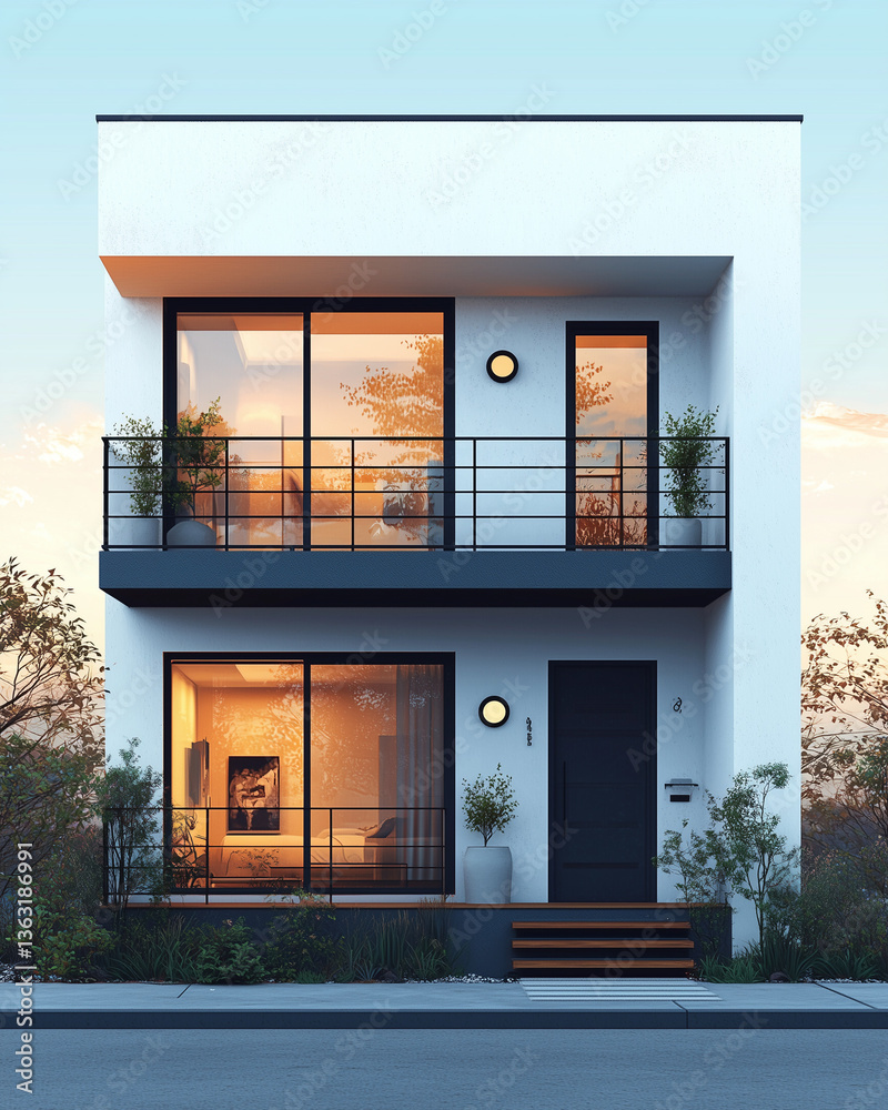 Modern minimalist house exterior at sunset with large glass windows – architectural rendering