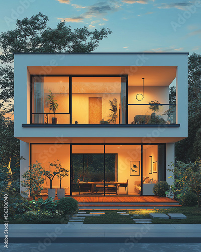 Obraz na płótnie Modern minimalist house exterior at sunset with large glass windows – architectural rendering w salonie