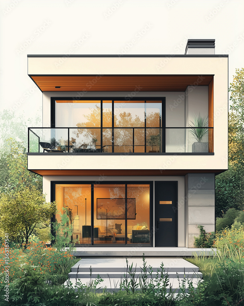 Modern minimalist house exterior at sunset with large glass windows – architectural rendering