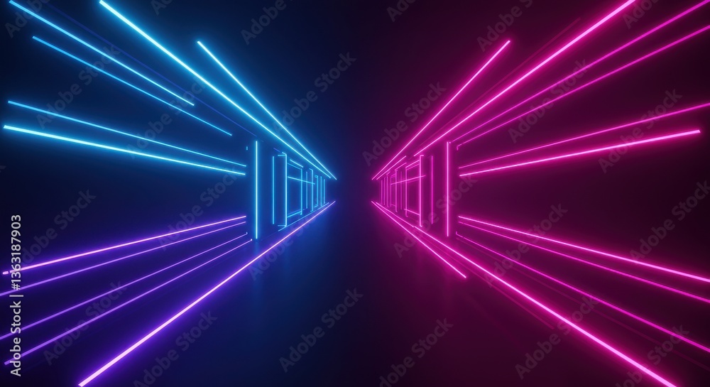 Fototapeta premium Futuristic neon corridor with vibrant blue and pink lights, creating depth