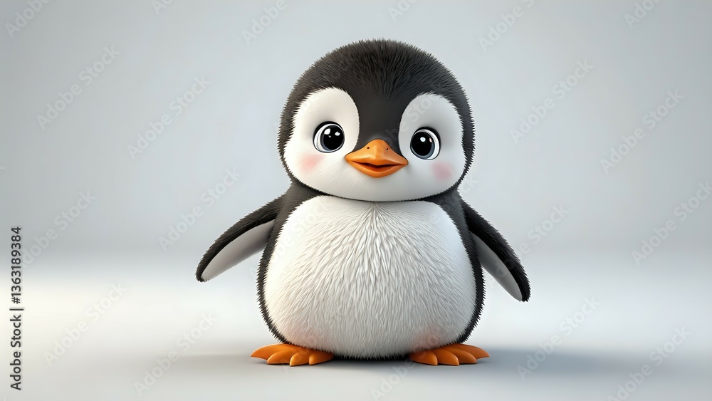 Obraz premium Adorable 3D rendering of a fluffy baby penguin chick, standing on a neutral background, perfect for children's books, websites, or branding.
