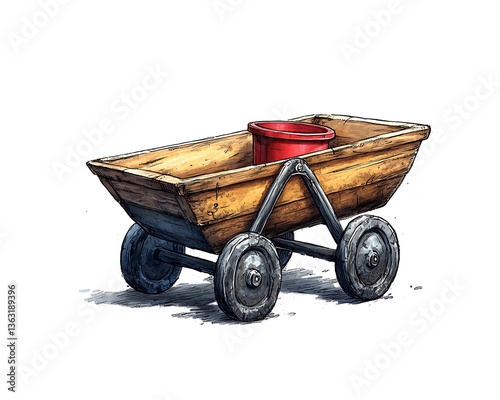 Wooden Mine Cart with Bucket.