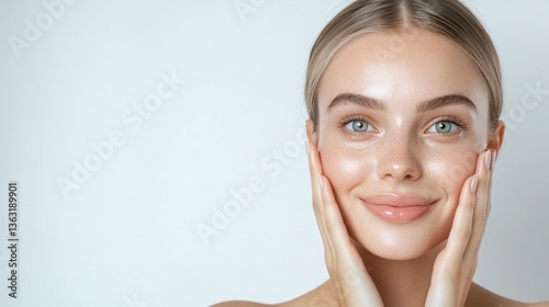 Close up portrait of a smiling young woman with light blonde hair and blue eyes, her face covered in a shiny
