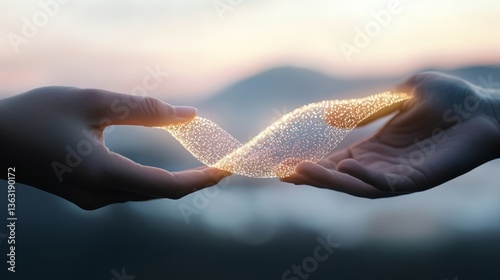 A futuristic concept of connection and healing through glowing threads between helping hands