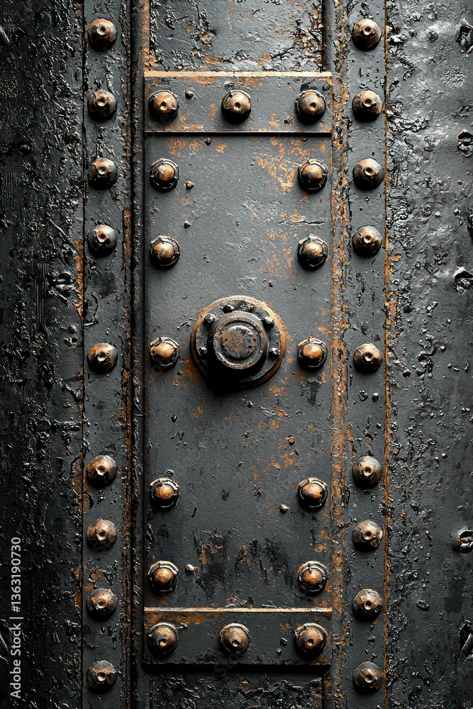 Fototapeta premium Ancient Rusty Metal Door with Rivets: A Dark, Grungy Texture