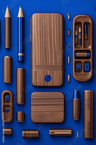 Wooden Stationery Set with Blue Background.