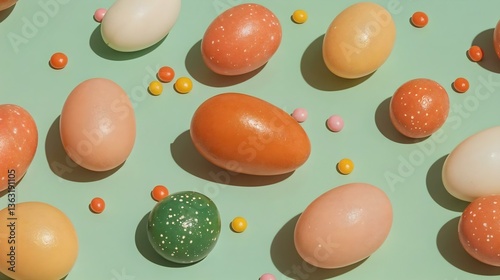 Minimal speckled candy eggs on green background