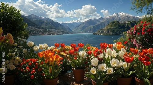 Lakefront flower terrace with tulips and alpine mountains
