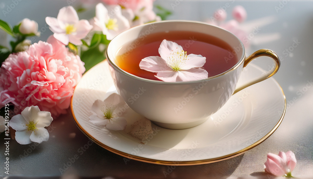 a white teacup holds a hot beverage of tea adorned with a delicate bouquet of pink and white spring flowers a white teacup holds a hot beverage of tea adorned with a delicate bouquet of pink and white spring flowers