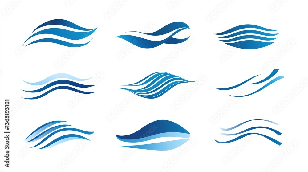 Fototapeta premium Nine abstract blue wave graphics, various styles on white, for design or decoration