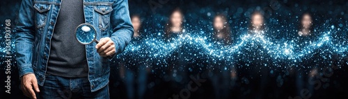 Investigator examines prospects with shining data in blurred background