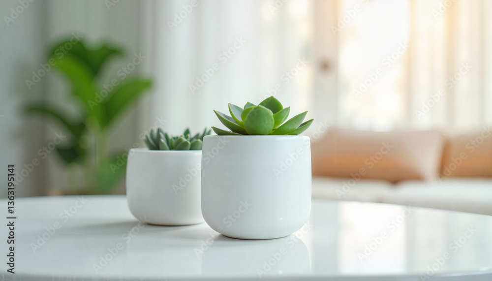 Green succulents in white pots with a modern interior background and soft natural light