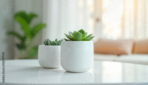 Obraz na płótnie Green succulents in white pots with a modern interior background and soft natural light
w salonie