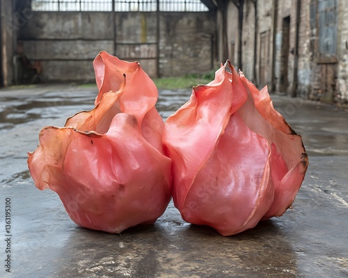 Two pink abstract floral sculptures are resting on the wet ground