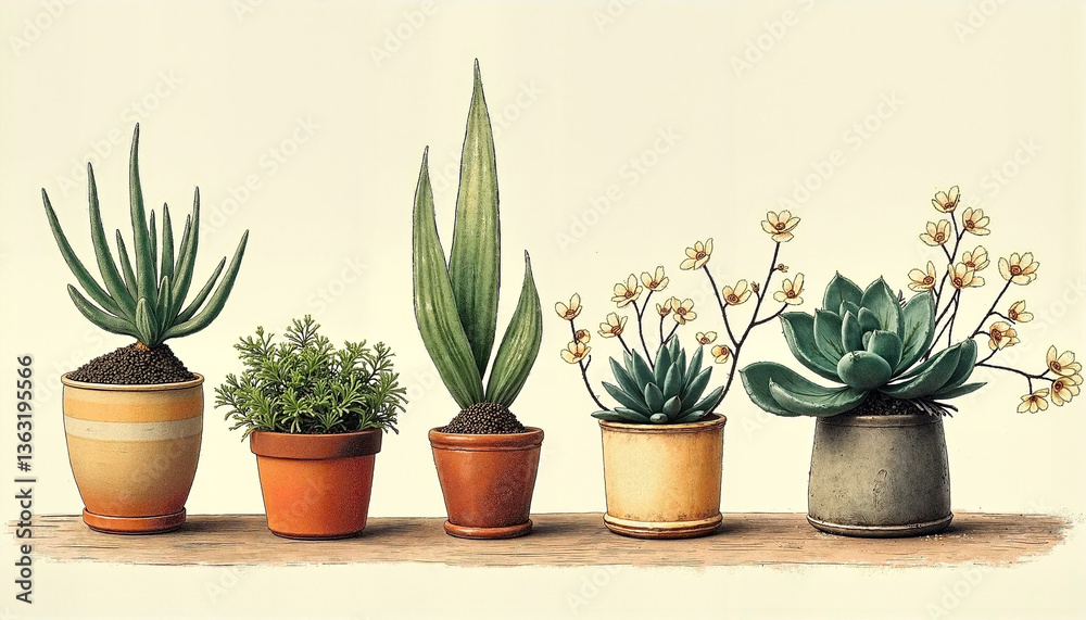 Five decorative potted plants illustrated in vintage style with earthy tones