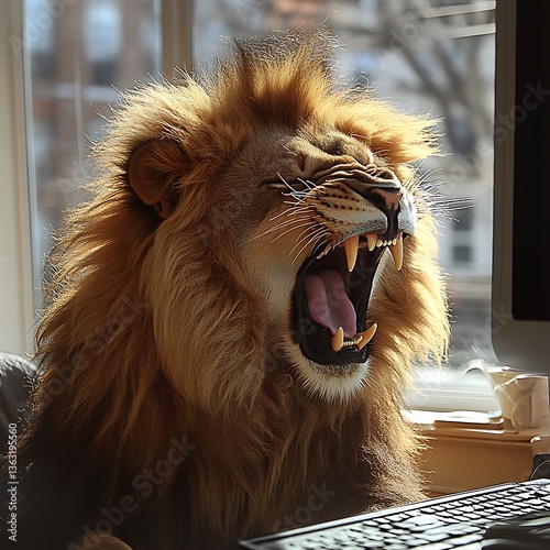 Yawning Lion at Office Desk.