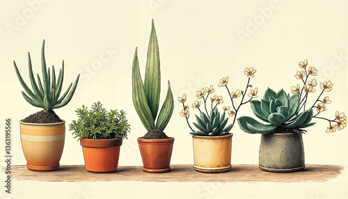 Obraz na płótnie Five decorative potted plants illustrated in vintage style with earthy tones w salonie