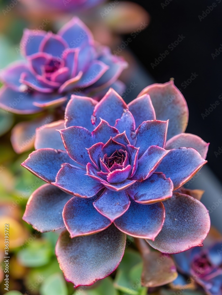 Captivating close up of a succulent plant with vibrant purple and blue hues in a garden setting Captivating close up of a succulent plant with vibrant purple and blue hues in a garden setting