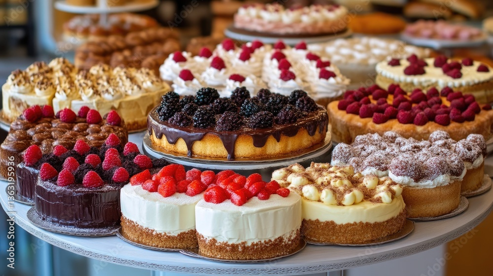 Cozy Bakery Display with Colorful Cakes and Crispy Breads Cozy Bakery Display with Colorful Cakes and Crispy Breads