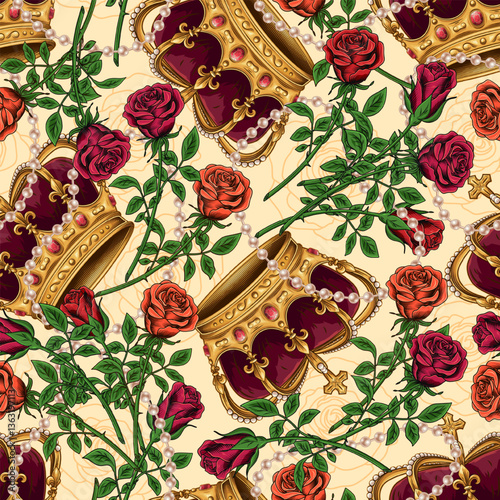 Seamless pattern with golden imperial crown, scattered jewelry, pearl necklaces, red roses with stem. Chaotic scattered objects on beige background. Luxury kitsch vintage style.
