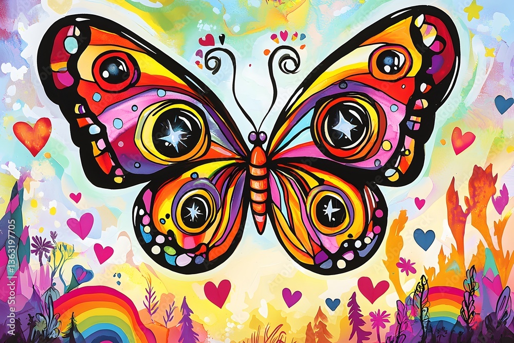 Obraz premium Colorful Abstract Butterfly Illustration with Hearts and Rainbow in a Vivid Natural Landscape