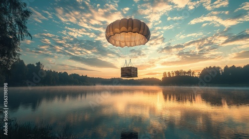 Sunrise parachute delivery over misty lake photo