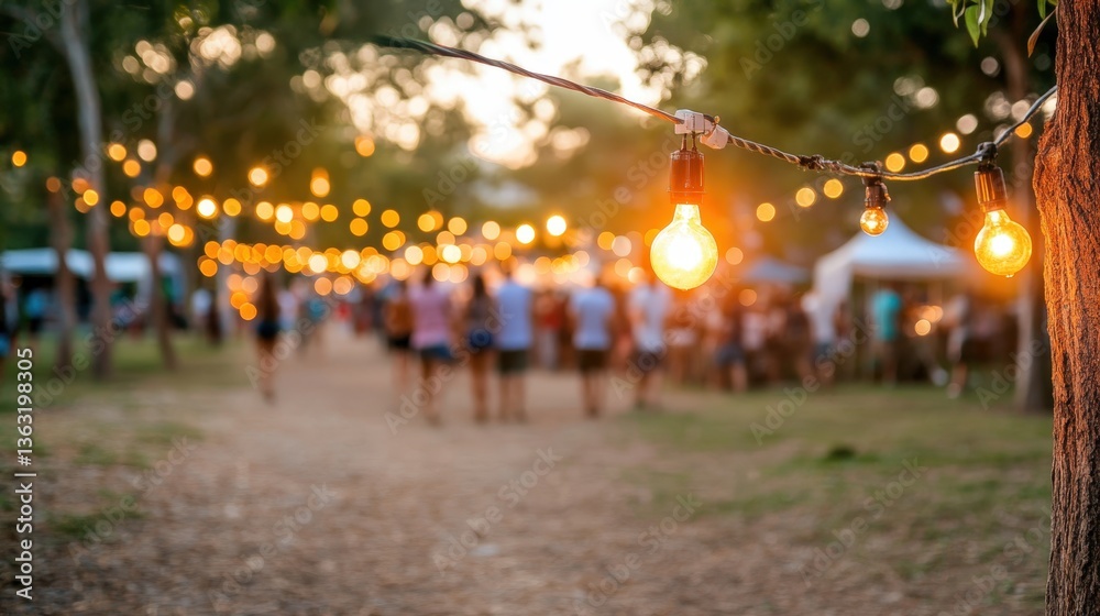 Obraz premium A picturesque outdoor scene featuring string lights illuminating a festive gathering in a park, Ideal for marketing events, outdoor dining, or creating a warm